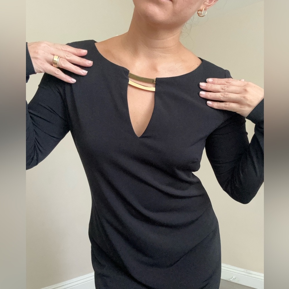 Vince Camuto Black Long Sleeve Gold Neckline Dress